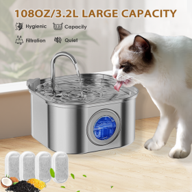 Cat Water Fountain Stainless Steel,108oz 3.2L Cat Fountain For Drinking - Pet Water Fountain Inside - Automatic Dog Watering Dispenser Bowl - Pet Feed
