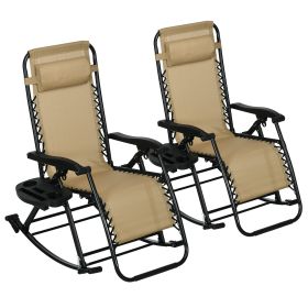 2 Outdoor Rocking Chairs Foldable Reclining Zero Gravity Lounge Rockers w/ Pillow Cup & Phone Holder, Beige