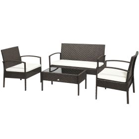 Patio Furniture Set, 4 Piece Indoor Outdoor PE Wicker Conversation Set with Chairs, Loveseat Sofa, Cushions, Glass Table for Backyard, Sunroom, Pool,