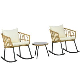 Wicker Outdoor Rocking Chair Set, 3 Piece Patio Bistro Set with 2 Porch Rocker Chairs, Glass Top Coffee Table and Cushions, Patio Conversation Set fo