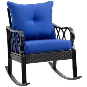 Outdoor Wicker Rocking Chair with Padded Cushions, Aluminum Furniture Rattan Porch Rocker Chair w/ Armrest for Garden, Patio, and Backyard, Blue