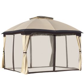 10' x 12' Outdoor Gazebo, Patio Gazebo Canopy Shelter w/Double Vented Roof, Zippered Mesh Sidewalls, Solid Steel Frame, Beige