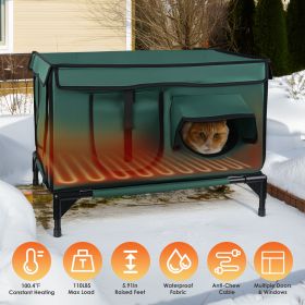1Pc Waterproof Heated Cat House Outdoor Weatherproof Insulated Kitty Shelter Feral Cat Heating Bed With Heating Pad Anti-Chew Cord 2 Doors 3 Windows F
