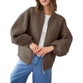 Fisoew Womens Zip Up Sweatshirt Casual Bomber Jacket Lantern Sleeve Oversized Jacket Fall Outfits 2025 (Option: Coffee-XL)