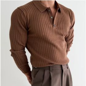 Lapel Button Long Sleeve Polo Shirt Slim Fashion Solid Striped Knitted Bottoming Shirt Top Men's Clothing (Option: Dark brown-M)