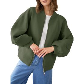 Fisoew Womens Zip Up Sweatshirt Casual Bomber Jacket Lantern Sleeve Oversized Jacket Fall Outfits 2025 (Option: Army Green-M)