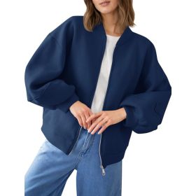 Fisoew Womens Zip Up Sweatshirt Casual Bomber Jacket Lantern Sleeve Oversized Jacket Fall Outfits 2025 (Option: Navy-S)