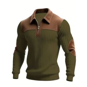 Notched-collar Patchwork Knit Top With Embroidered Zipper Hoodie (Option: Army Green-S)