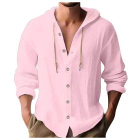 Cotton And Linen Shirt Hooded Sweater Button Long Sleeve (Option: Pink-L)