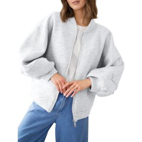 Fisoew Womens Zip Up Sweatshirt Casual Bomber Jacket Lantern Sleeve Oversized Jacket Fall Outfits 2025 (Option: Light grey-XL)