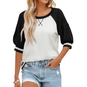 Fisoew Womens Crewneck Sweatshirt Ribbed Raglan Half Sleeve Pullover Tops Color Block Loose Fit Sweatshirts (Option: Black-S)