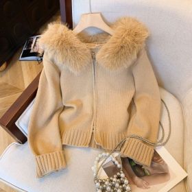 Double Zipper Fur Collar Stitching Design Sense Hooded Knit Cardigan (Option: Khaki-S)
