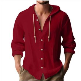 Cotton And Linen Shirt Hooded Sweater Button Long Sleeve (Option: Red-XXXL)
