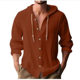 Cotton And Linen Shirt Hooded Sweater Button Long Sleeve (Option: Brick red-XXXL)