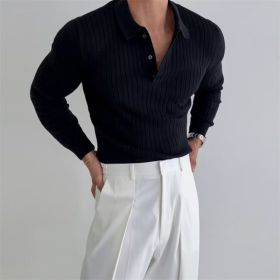 Lapel Button Long Sleeve Polo Shirt Slim Fashion Solid Striped Knitted Bottoming Shirt Top Men's Clothing (Option: Black-XS)