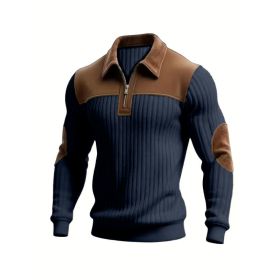 Notched-collar Patchwork Knit Top With Embroidered Zipper Hoodie (Option: Navy Blue-XL)