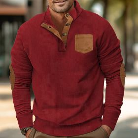 Patch Pocket Jacket Stand Collar Long Sleeve Corduroy Multicolor Hoodie (Option: Wine Red-XL)